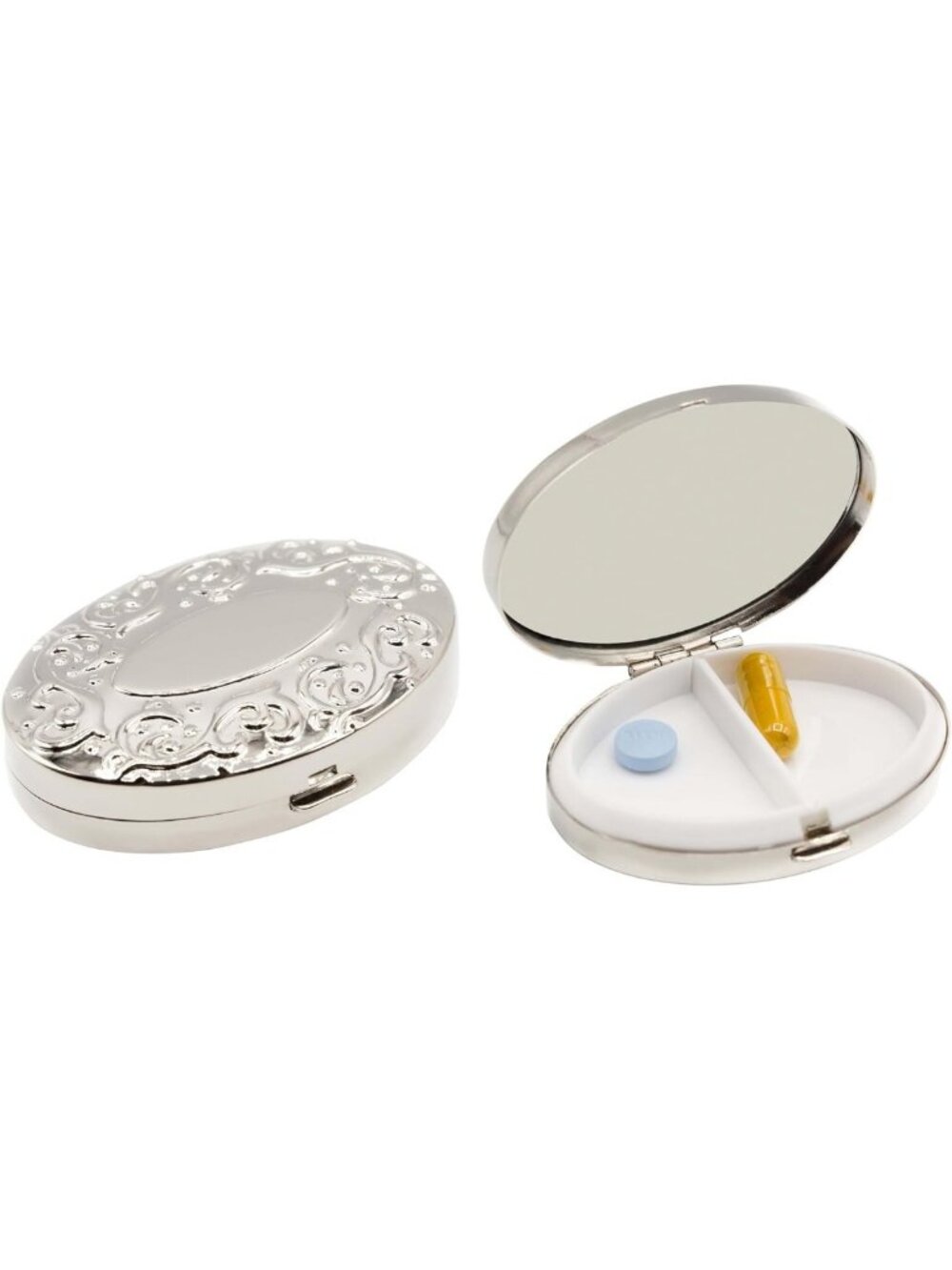 Set of 2 Oval Pocket Pill Boxes & Organizers with Dual Compartments - Silver